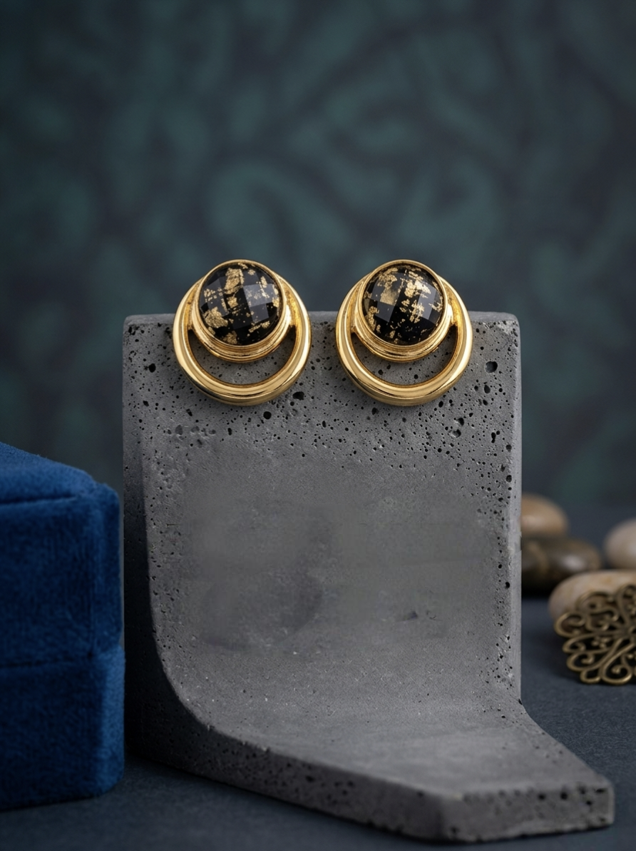 Jalparee Gold-Plated Celestial Orbit Stud Earrings with Black and Gold Speckled Resin