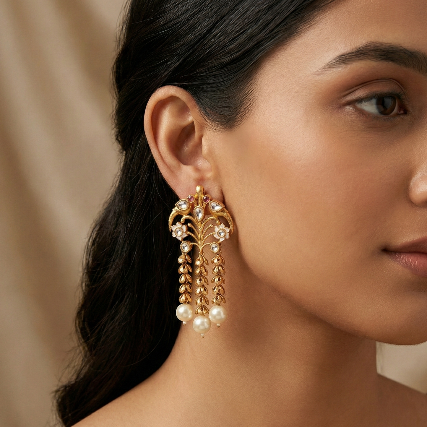 Jalparee Mayura Antique Gold Earrings with Hand-Painted Enamel and Pearl Ends