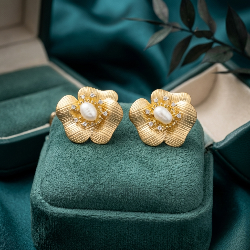 Golden Petal Elegance: Textured Floral Earrings with Central Pearl