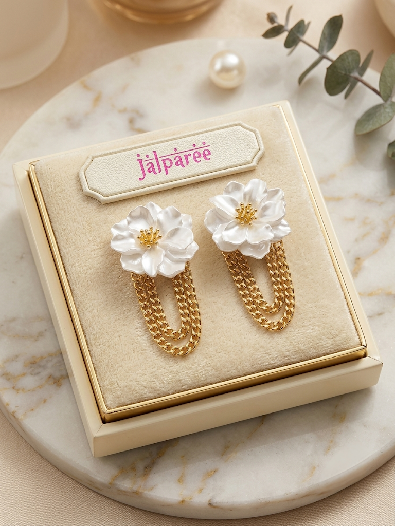 Jalparee White Floral & Golden Chain Drop Western Earrings