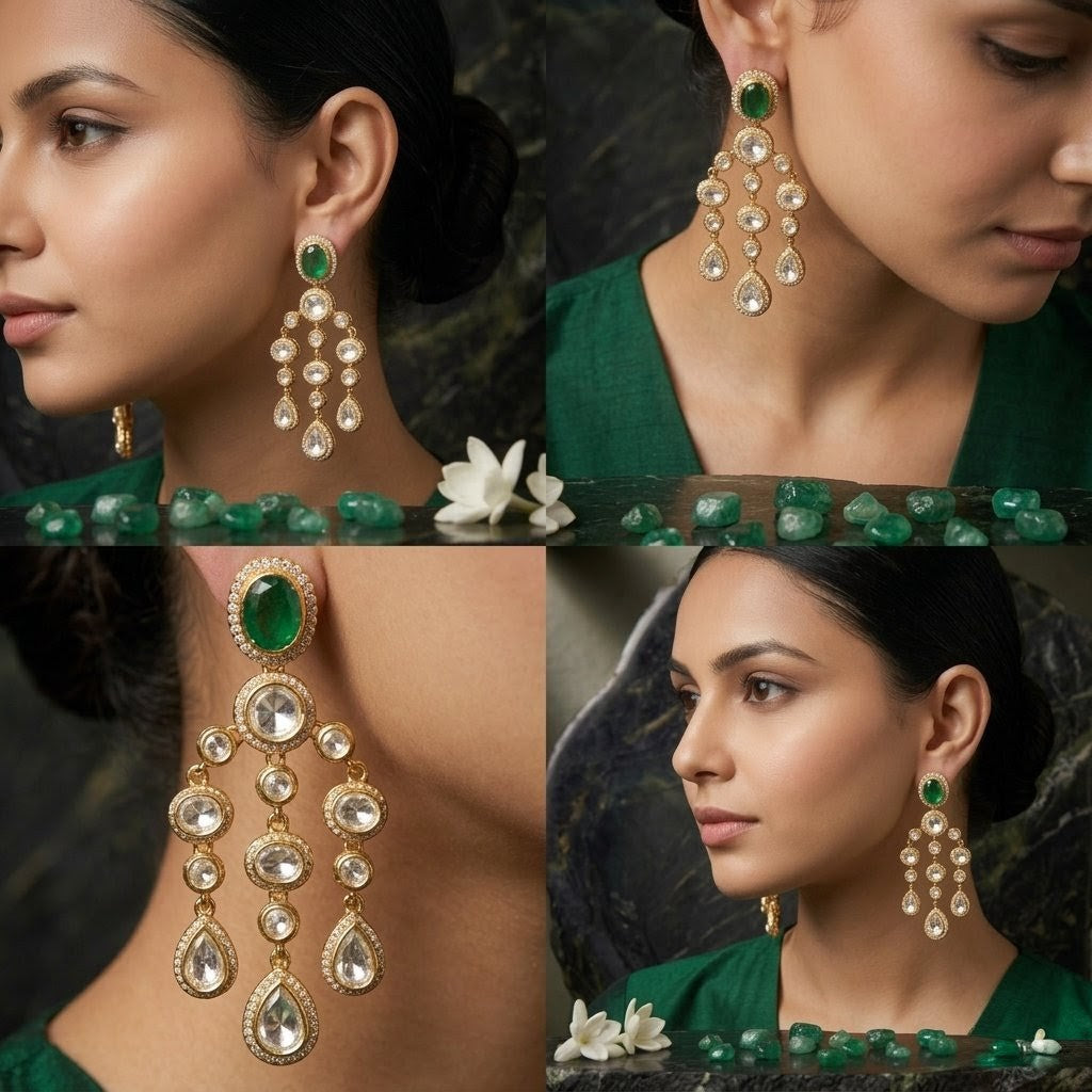 Jalparee Heritage Green Polki Dangle Earrings - Traditional Indian Wedding Jewelry