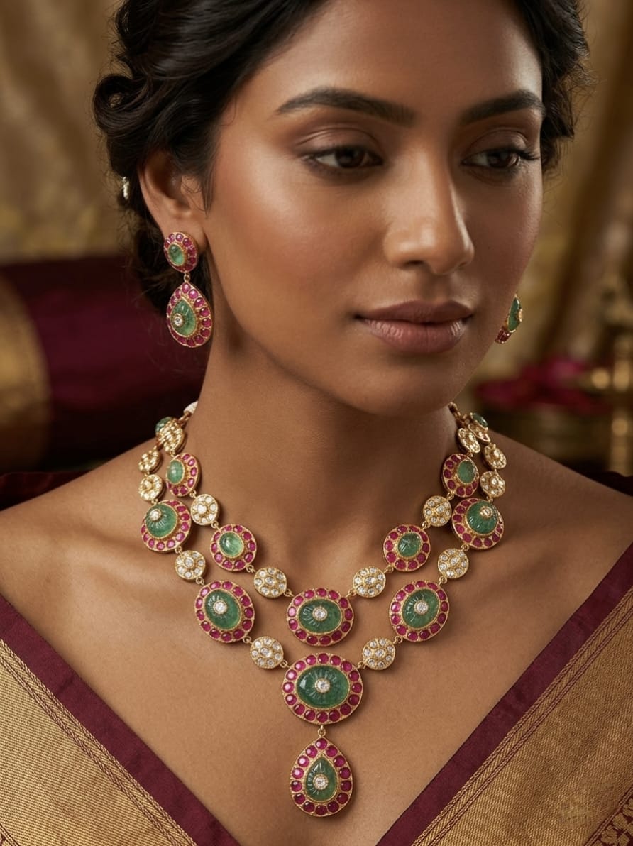 Regal Dual-Layer Emerald & Ruby Heritage Necklace Set
