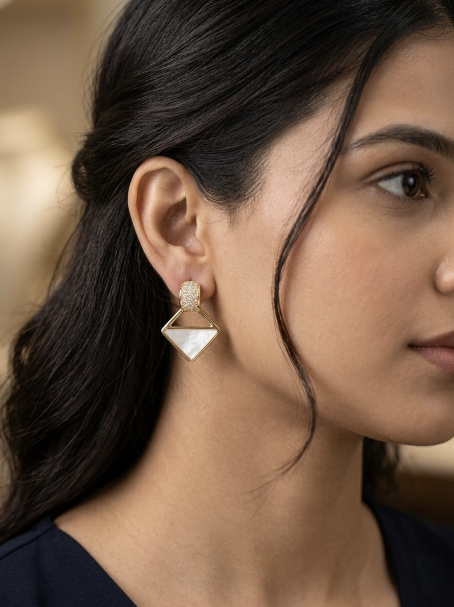 Jalparee Elegant Geometric Mother-of-Pearl & CZ Drop Earrings