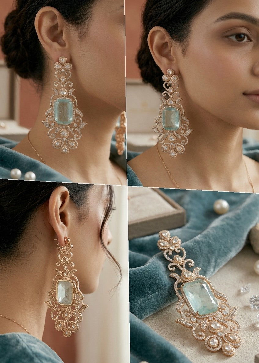 Jalparee Prismatic Chandbali Earrings with Cushion-Cut Green Beryl