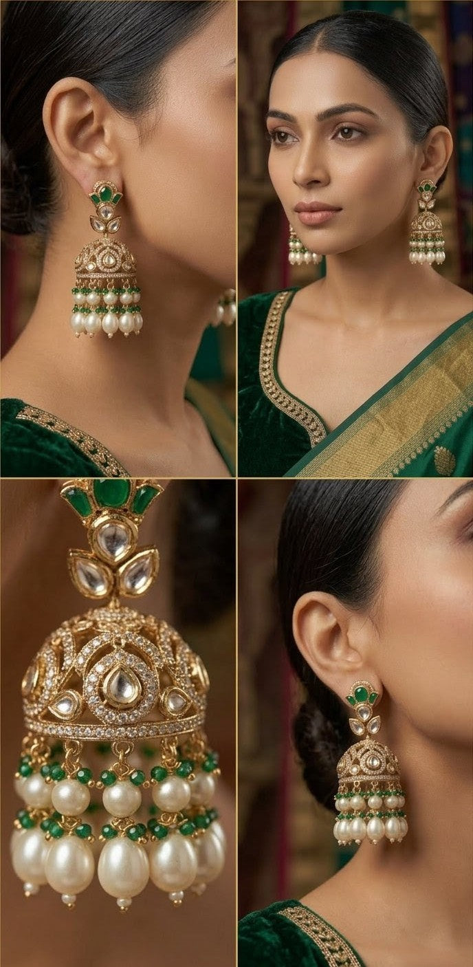 Traditional Gold-Plated Kundan Jhumka Earrings with Pearl Clusters and Emerald Beads - by Jalparee