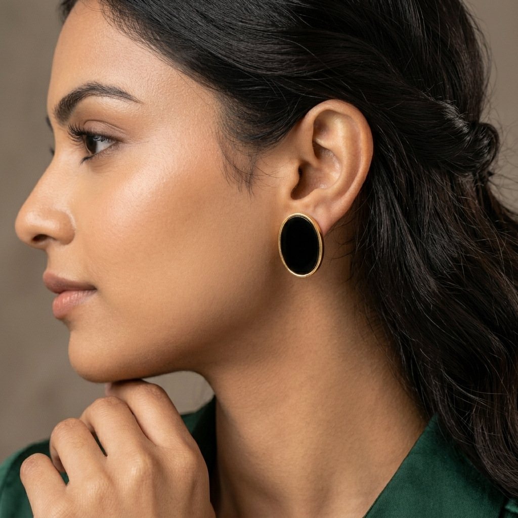 Jalparee Eclipse Oval Black Onyx Stud Earrings – Minimalist Gold-Plated Western Earrings