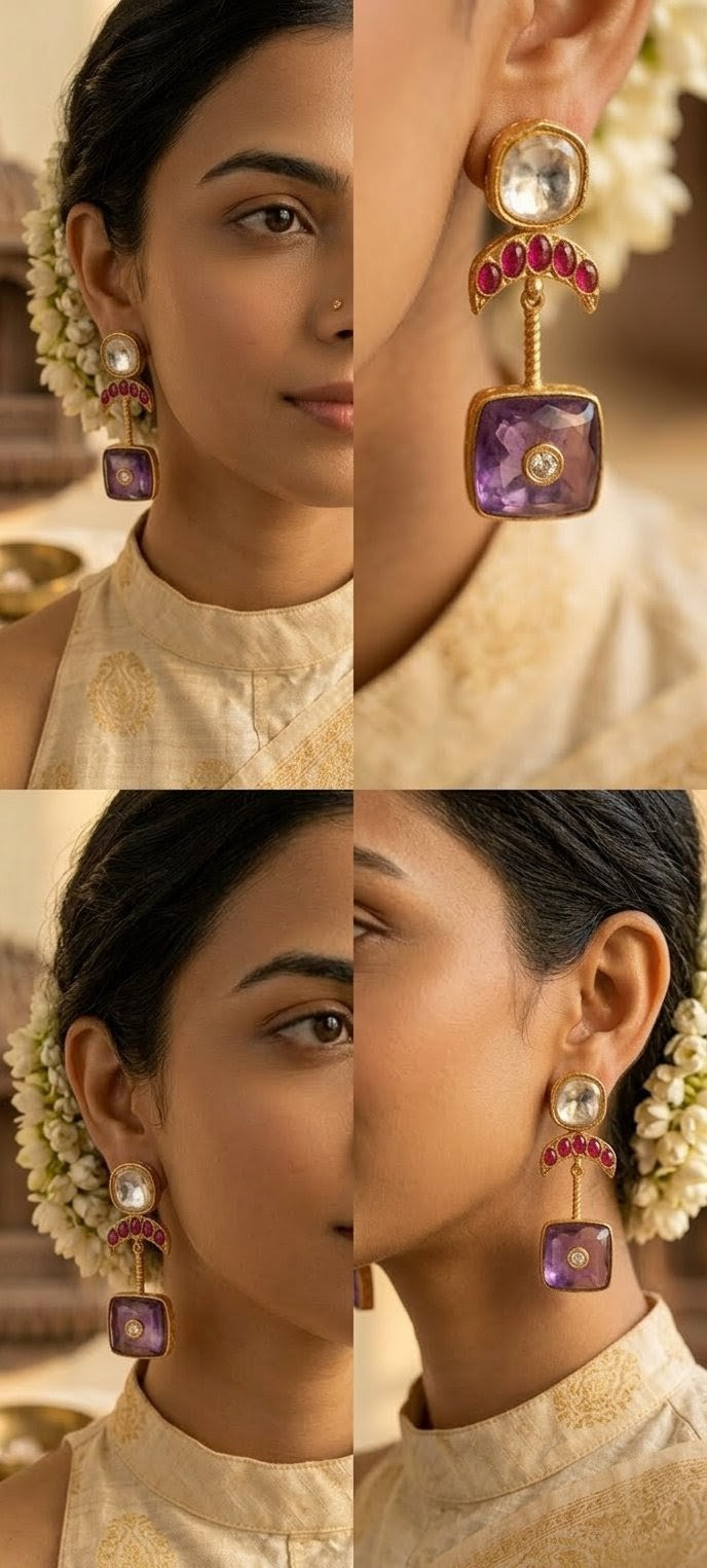 Jalparee 'Royal Amethyst' Kundan and Ruby Dangle Statement Earrings