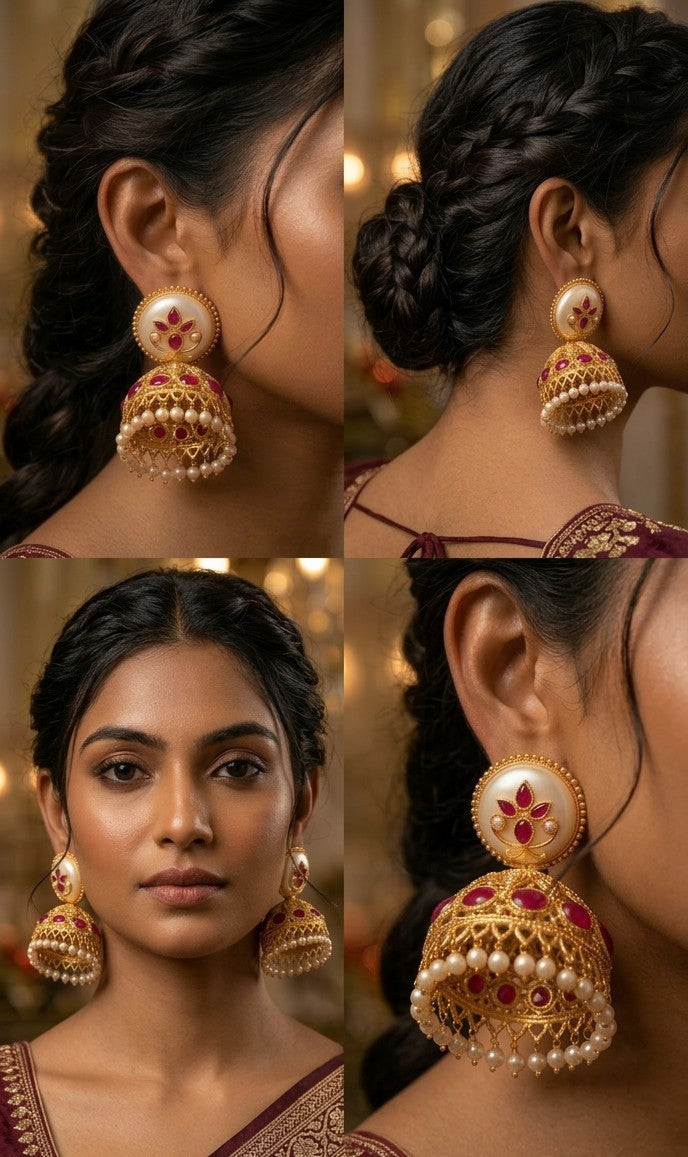 Jalparee Meera Gold-Plated Kundan & Ruby Jhumka Earrings with Pearls