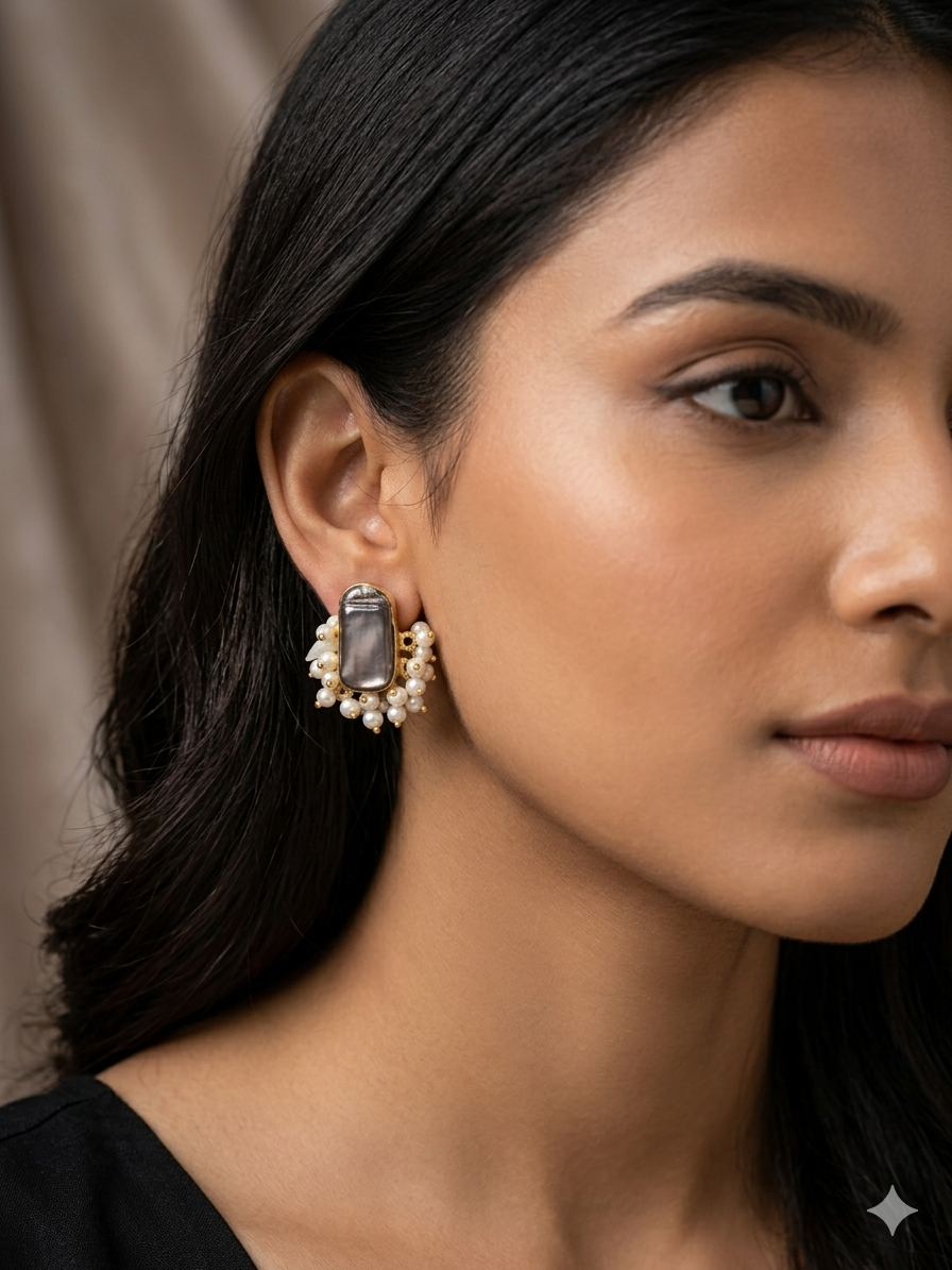 Twilight Radiance: Handcrafted Grey Baroque Pearl Stud Earrings