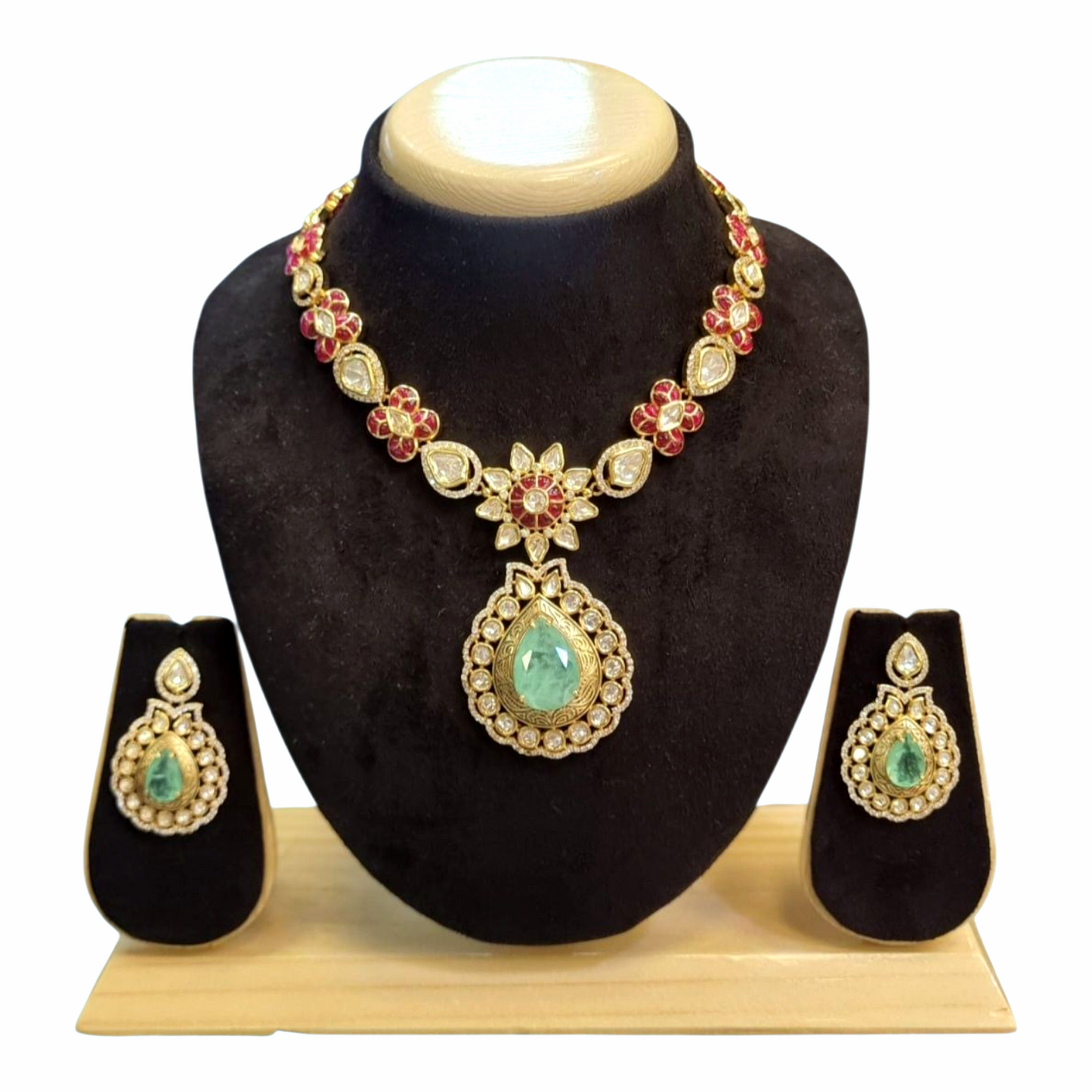 Traditional Ruby & Emerald Stone Studded Necklace Set with Earrings