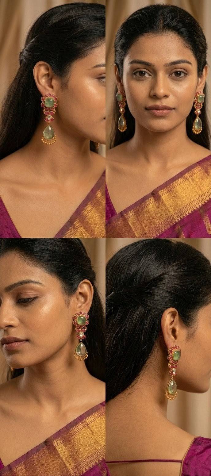 Jalparee Traditional Gold-Plated Kundan Style Earrings with Carved Green & Ruby Stones