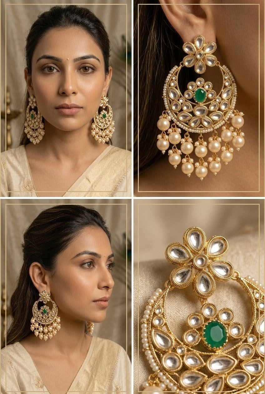 Jalparee Kundan Polki & Pearl Chandbali Earrings with Emerald Accent