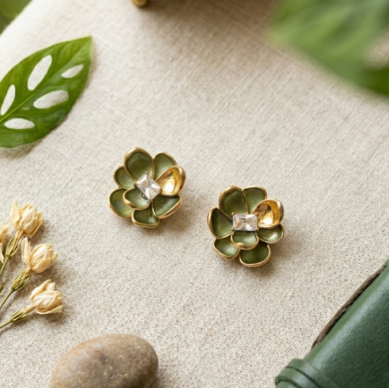 Jalparee Olive Blossom Enamel Stud Earrings with Baguette Crystal Accent