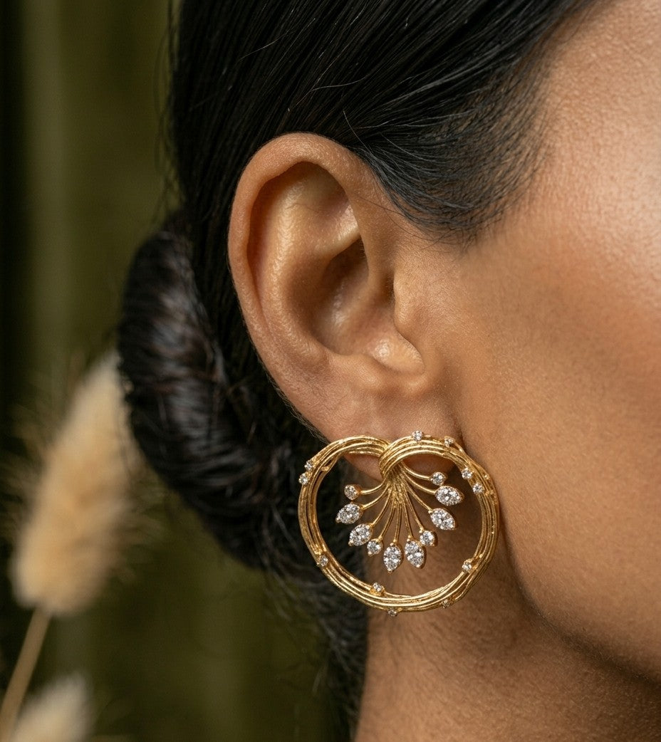 Jalparee Traditional Intricate Interlocking Gold-Toned Hoop Earrings with Shimmering CZ Cluster