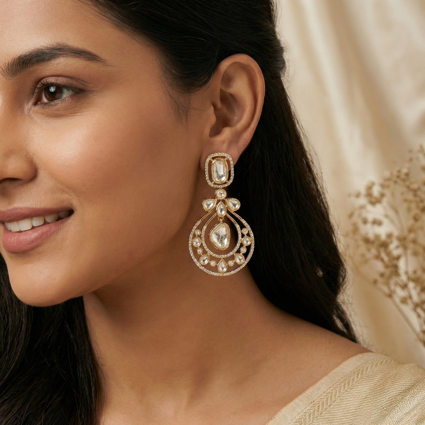 The Noor Chandbali Polki Earrings – Antique Gold Finish with Kundan Accents