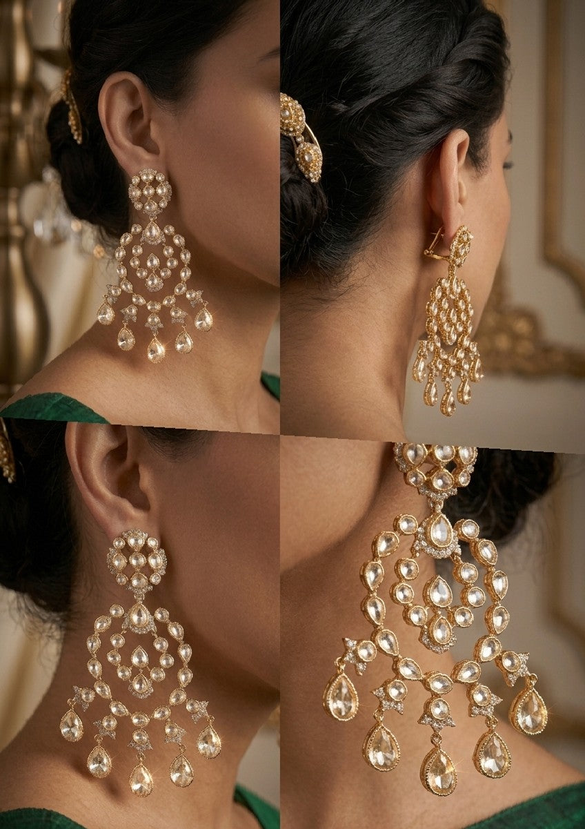 Jalparee 'Noor Mahal' Gold-Plated Emerald Cut Kundan Drop Earrings