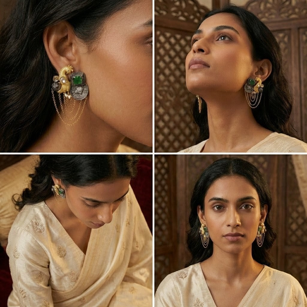 Jalparee's 'Mayura' Vintage-Style Dual-Tone Peacock Earrings with Emerald & Chain Drops