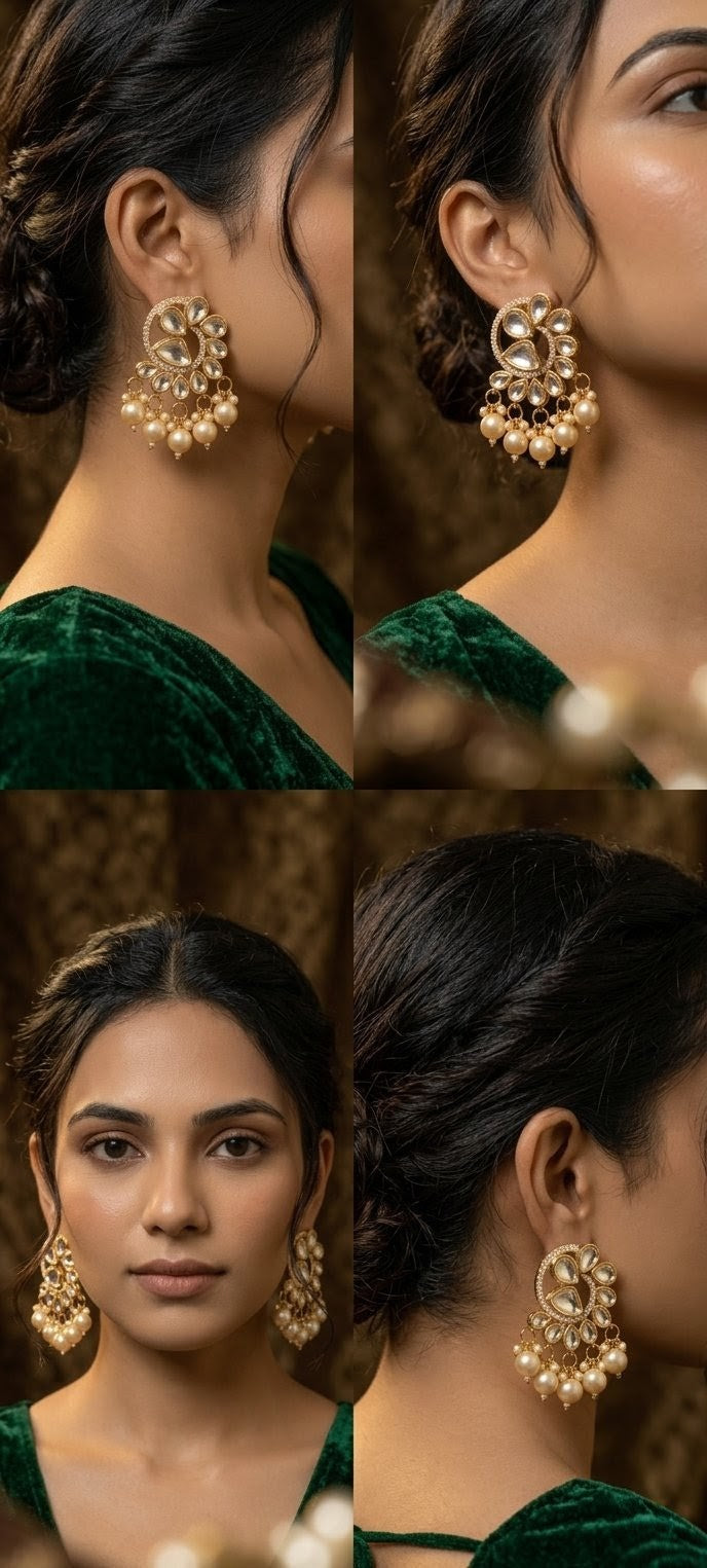 Jalparee Kundan and Pearl Filigree Swirl Chandbali Earrings