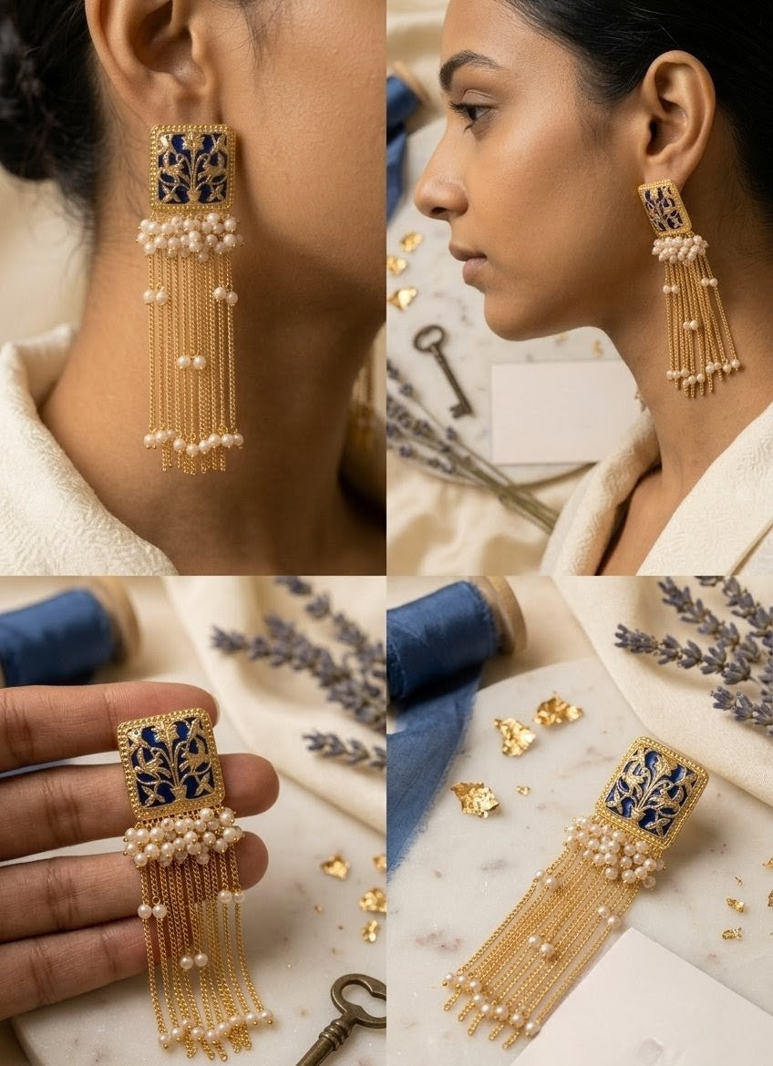 Jalparee Meenakari Floral & Pearl Tassel Drop Earrings - Gold Plated, Royal Blue & White