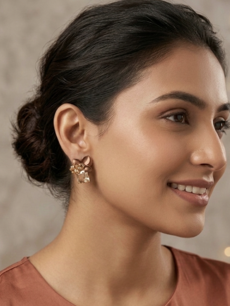 Jalparee Matte Bronze Floral & Champagne Crystal Statement Stud Earrings