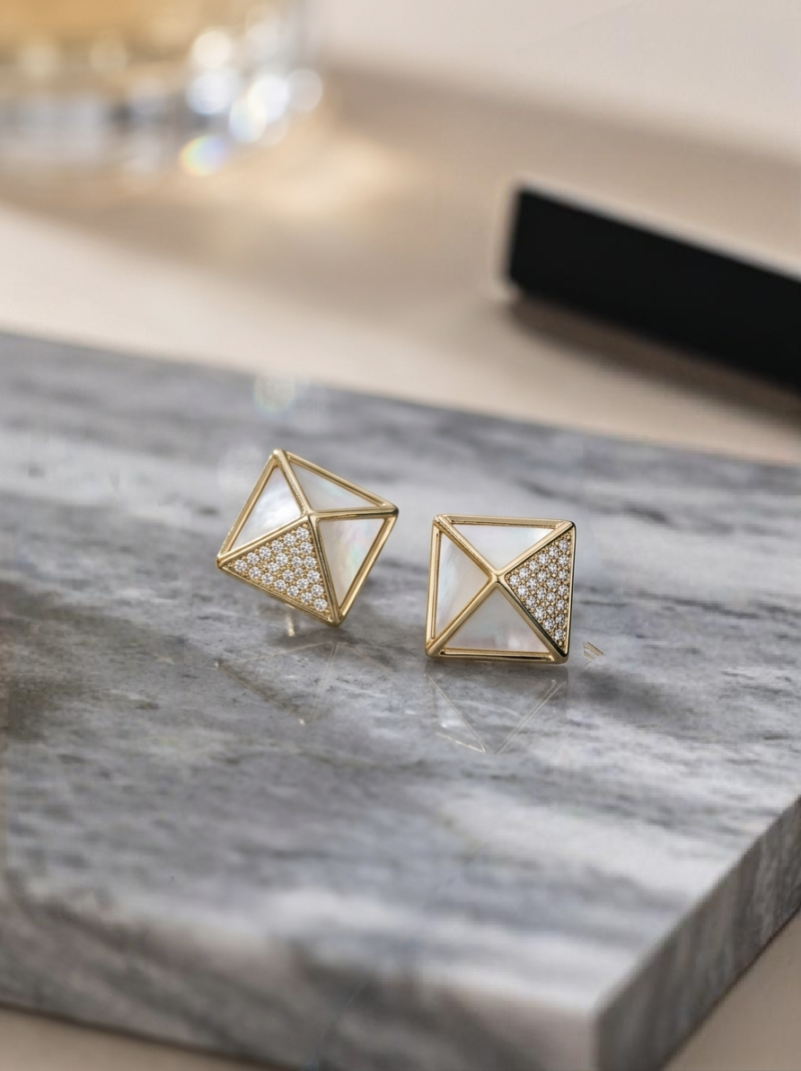 Jalparee Geometric 3D Pyramid Stud Earrings with Mother of Pearl & American Diamonds