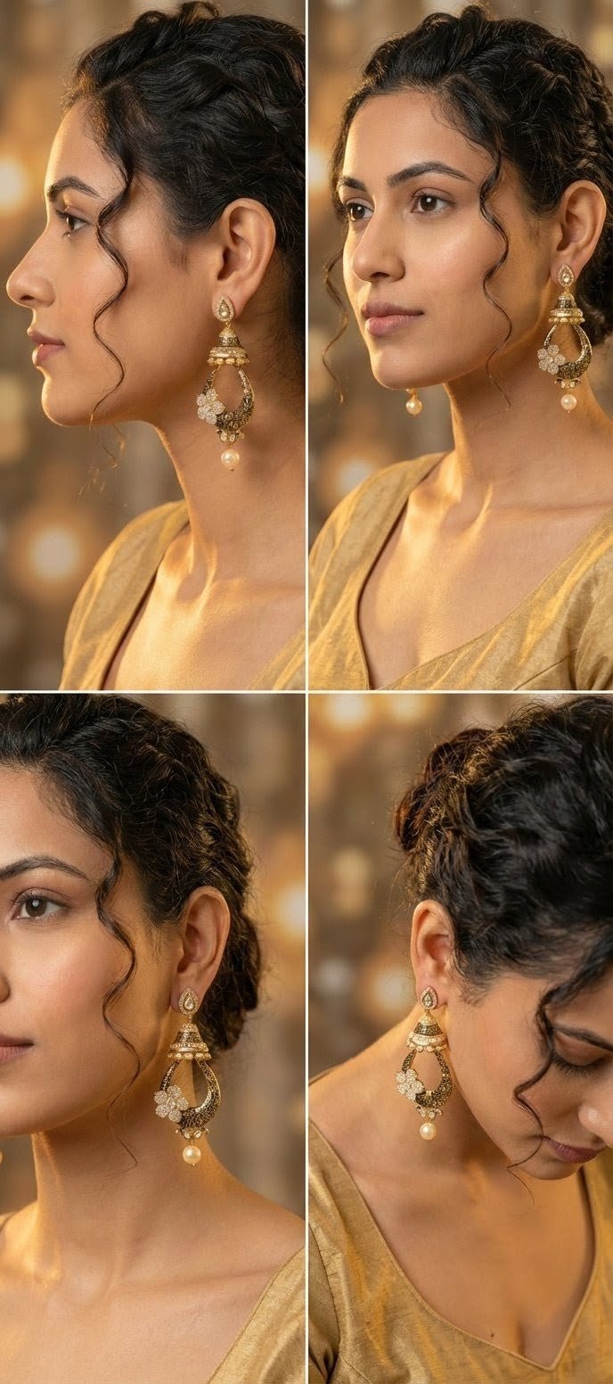 Jalparee Exquisite Gold-Tone Black Enamel & Stone Floral Jhumka Earrings with Pearl Drop