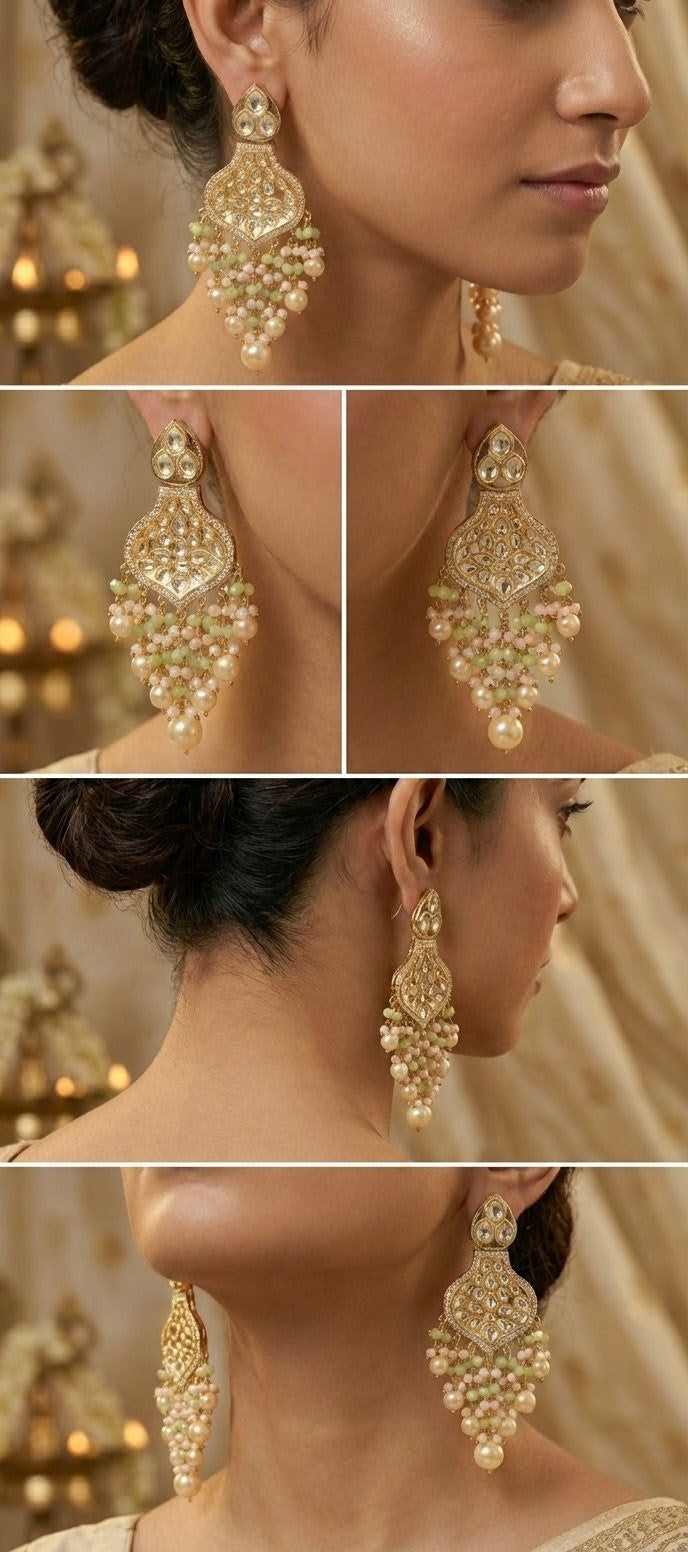 Jalparee Gold Plated Jhumka Earrings with Polki, Pearls, and Pink & Green Beads