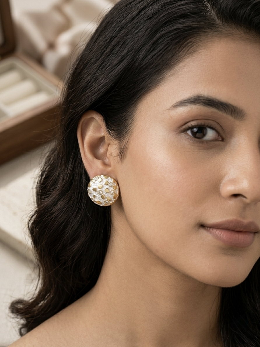Jalparee Dual-Tone Textured Round Stud Earrings with Crystal Accents