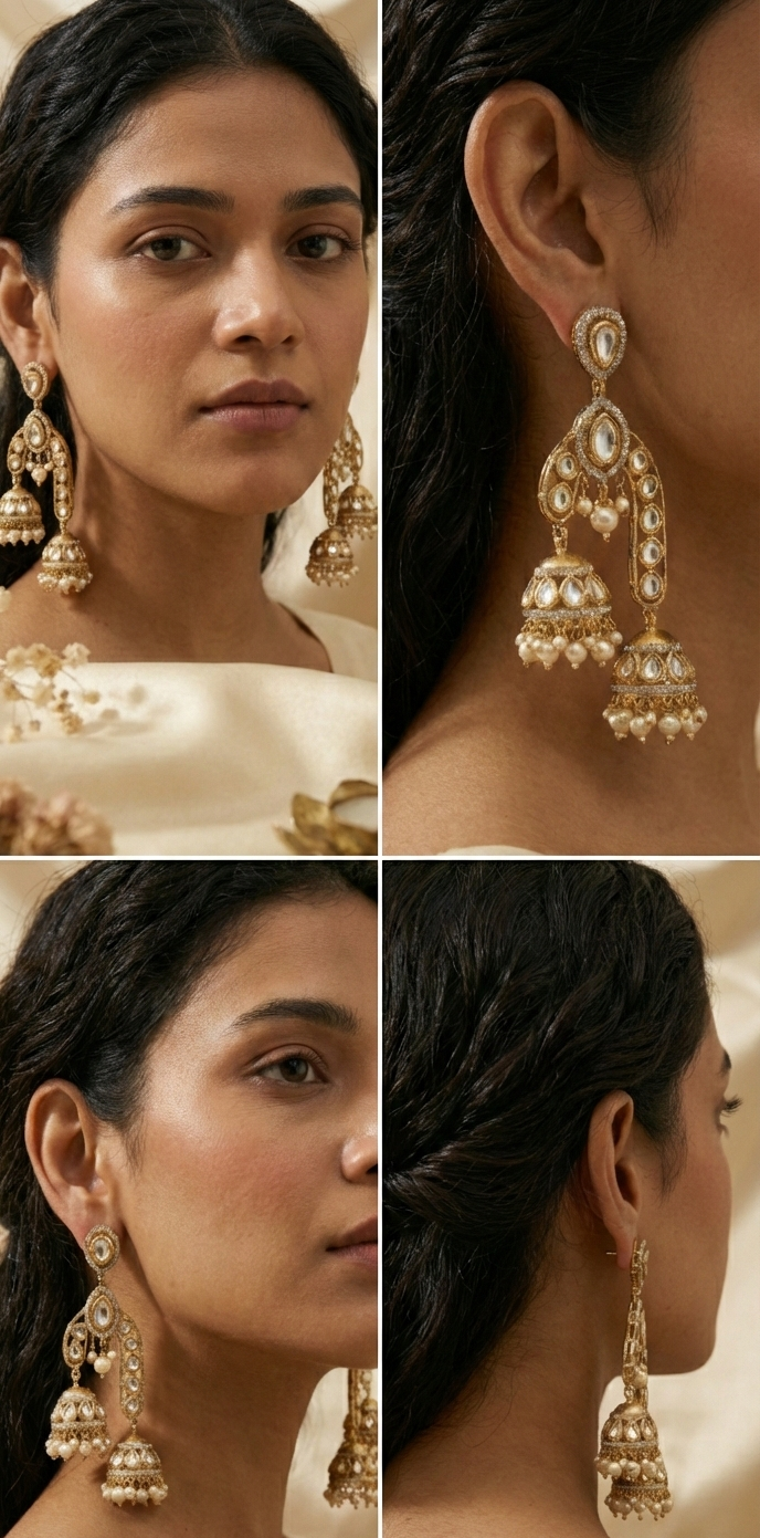 Jalparee Meenakari & Kundan Jhumka Earrings with Pearl Droplets