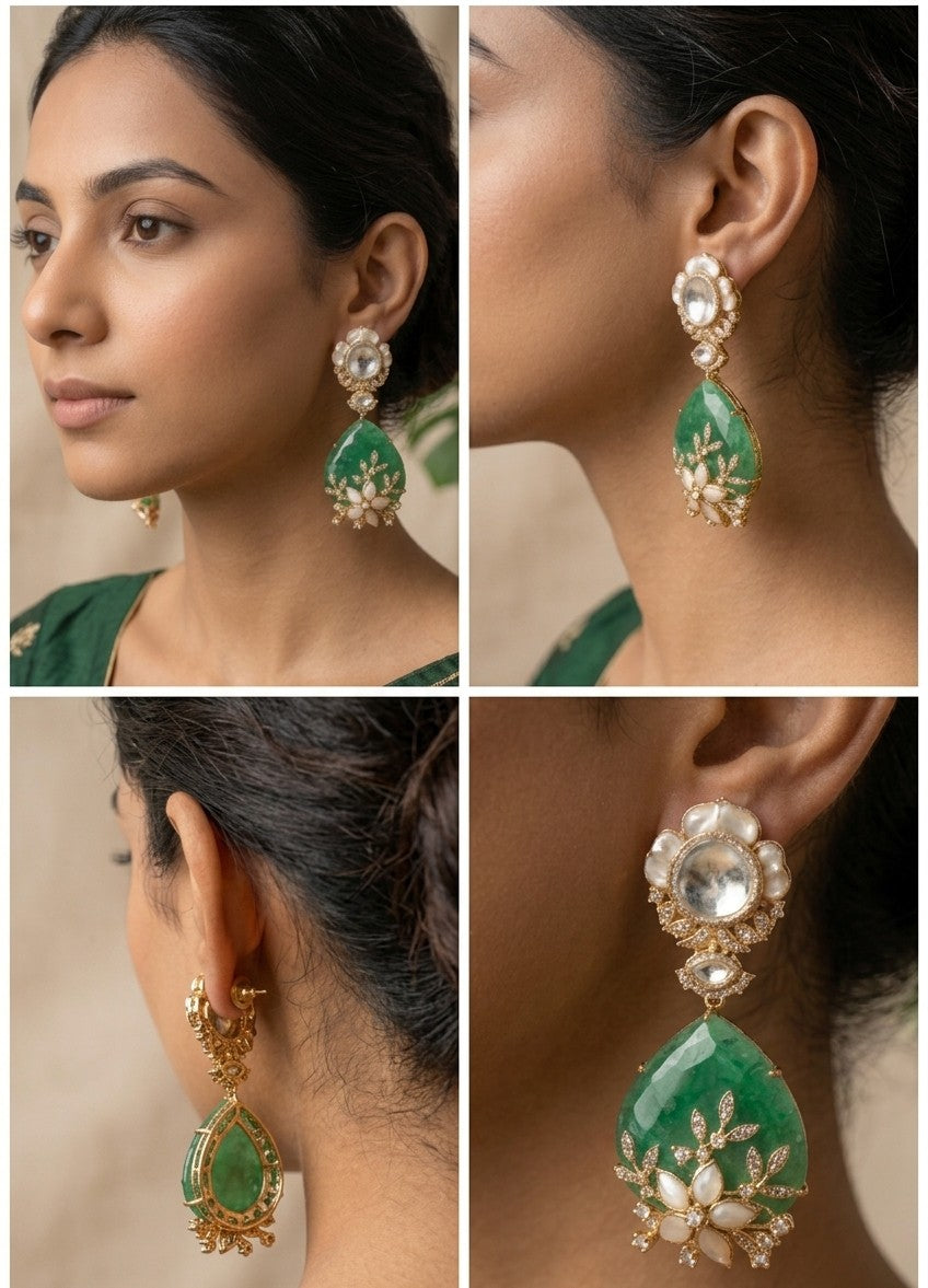Jalparee: 18K Gold Plated Kundan and Emerald-Green Dangler Earrings with Mother-of-Pearl Floral Accents