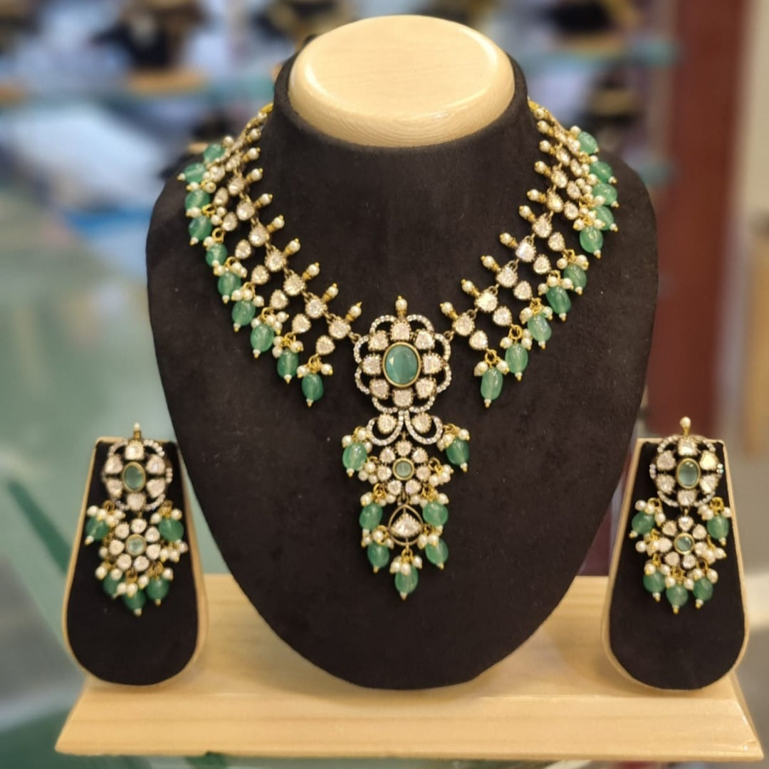 Traditional Moissanite Kundan & Emerald Beads Necklace Set