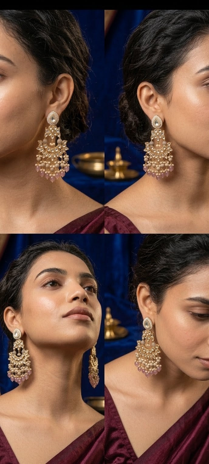 Jalparee Exquisite Kundan, Seed Pearl, and Mauve-Pink Bead Chandbali Jhumka Earrings