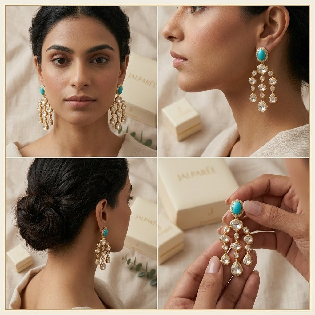 JALPARËE | Heritage Kundan & Turquoise Chandelier Drop Earrings