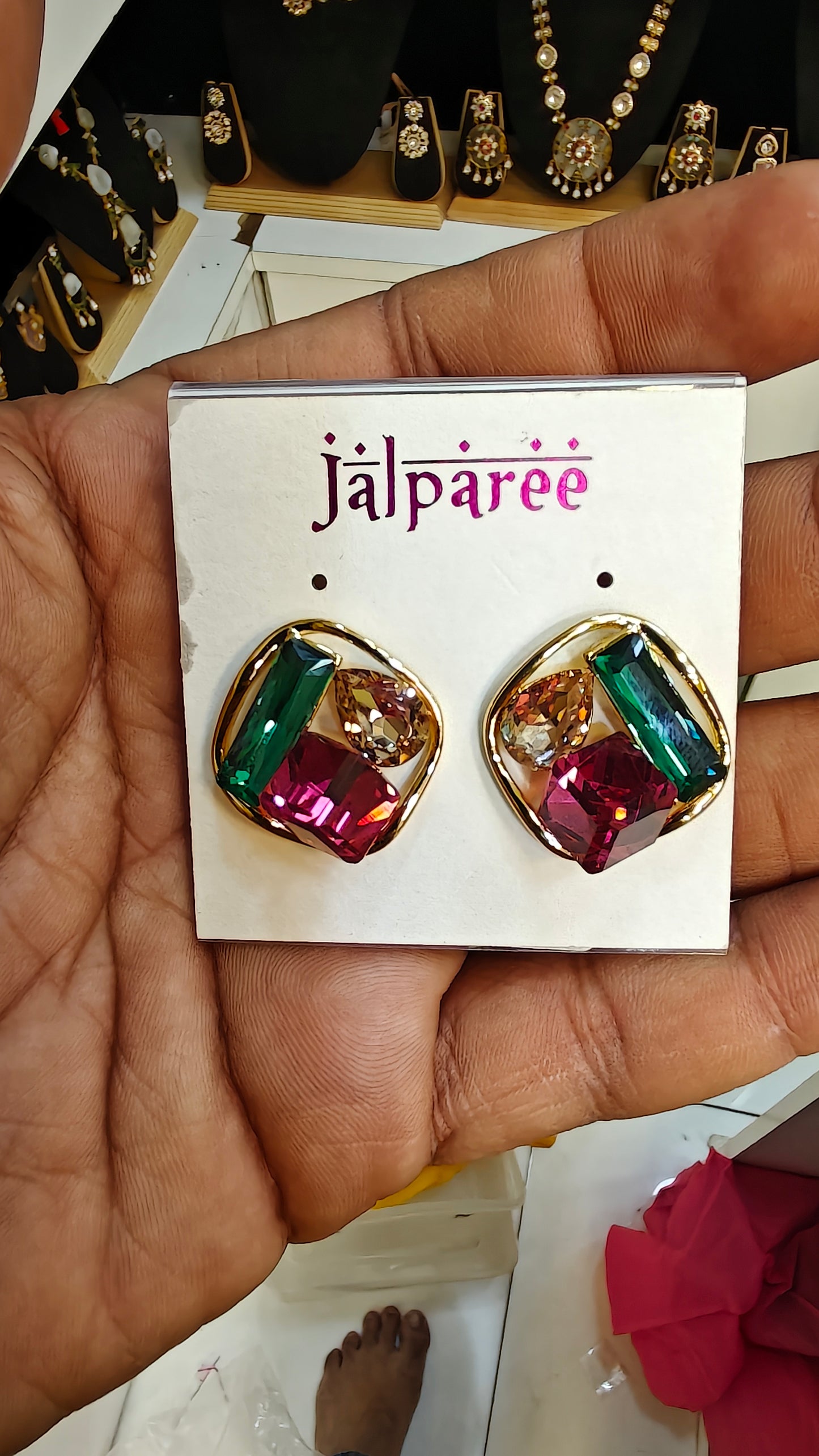 Jalparee Geometric Statement Stud Earrings featuring multi-colored faceted stones