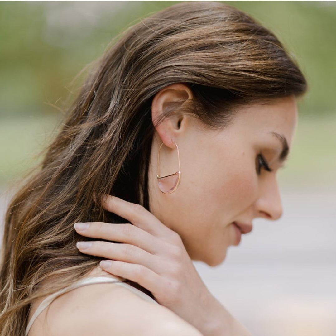 Modern Geometric Half Moon Pink Stone Hoop Earrings