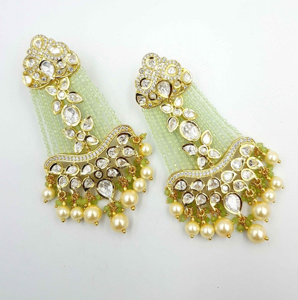 🌿 Opulent Pistachio Polki Dangler Earrings