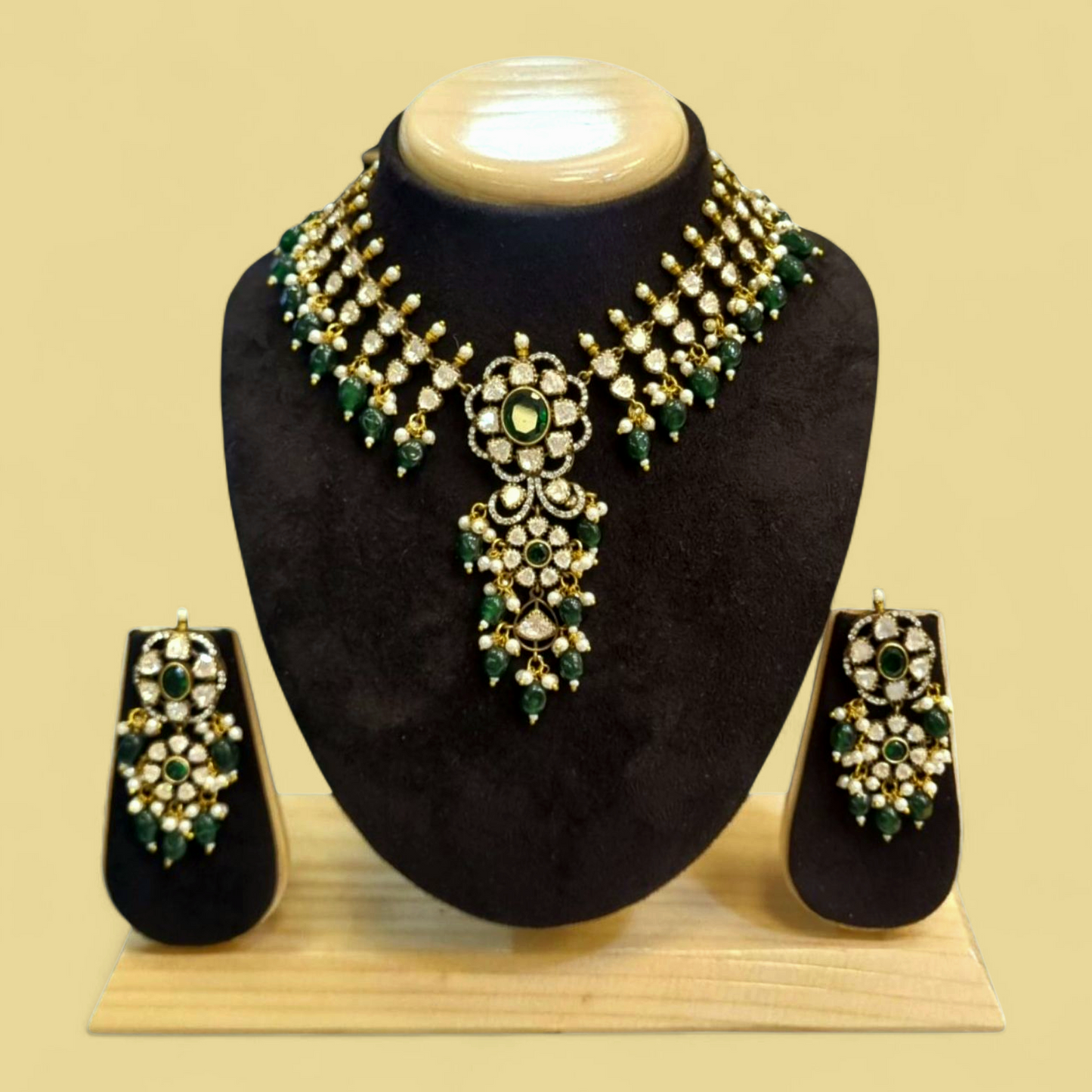 Traditional Moissanite Stone Studded Green Beaded Necklace Set