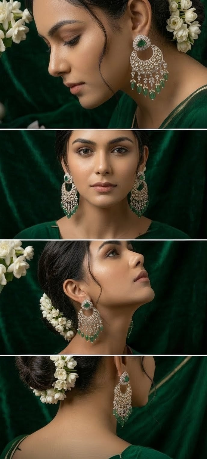 Jalparee Heritage Emerald & Polki Chandbali Chandelier Earrings