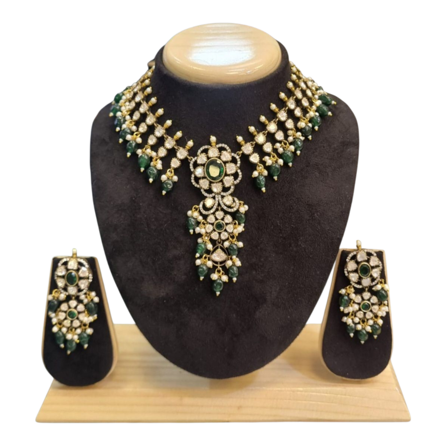 Traditional Moissanite Stone Studded Green Beaded Necklace Set