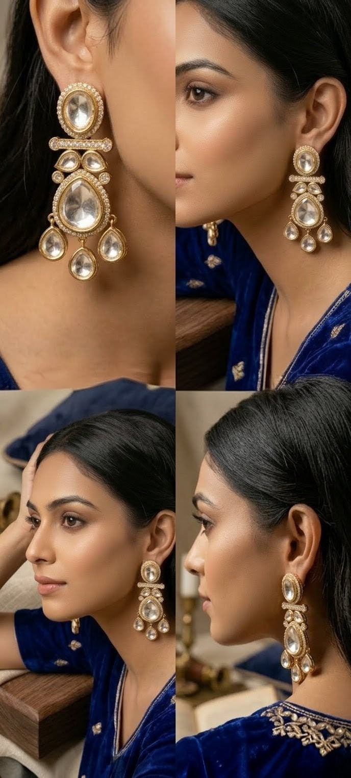 Jalparee - Vintage-Inspired Gold & Polki Chandbali Earrings