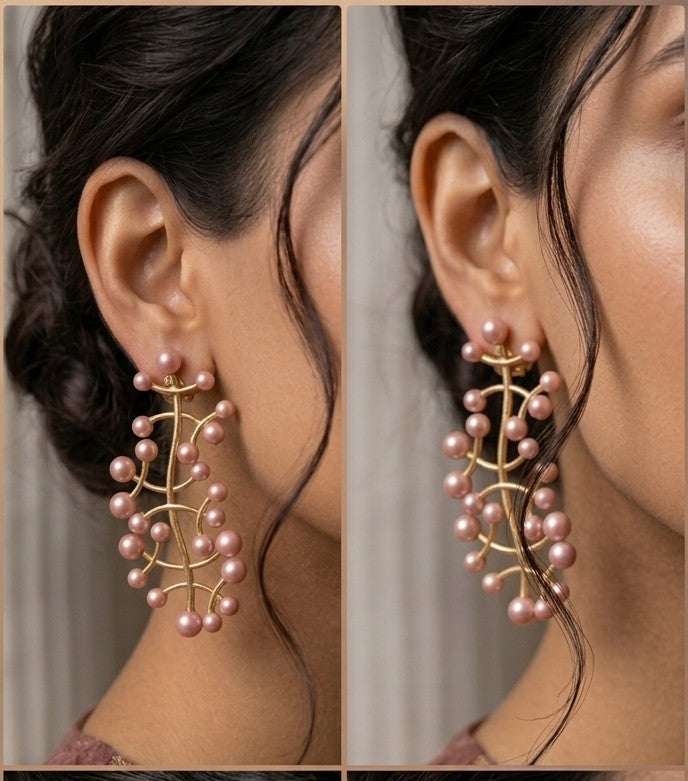 Jalparee Traditional 'Rose Berry' Pink Pearl Statement Vine Earrings