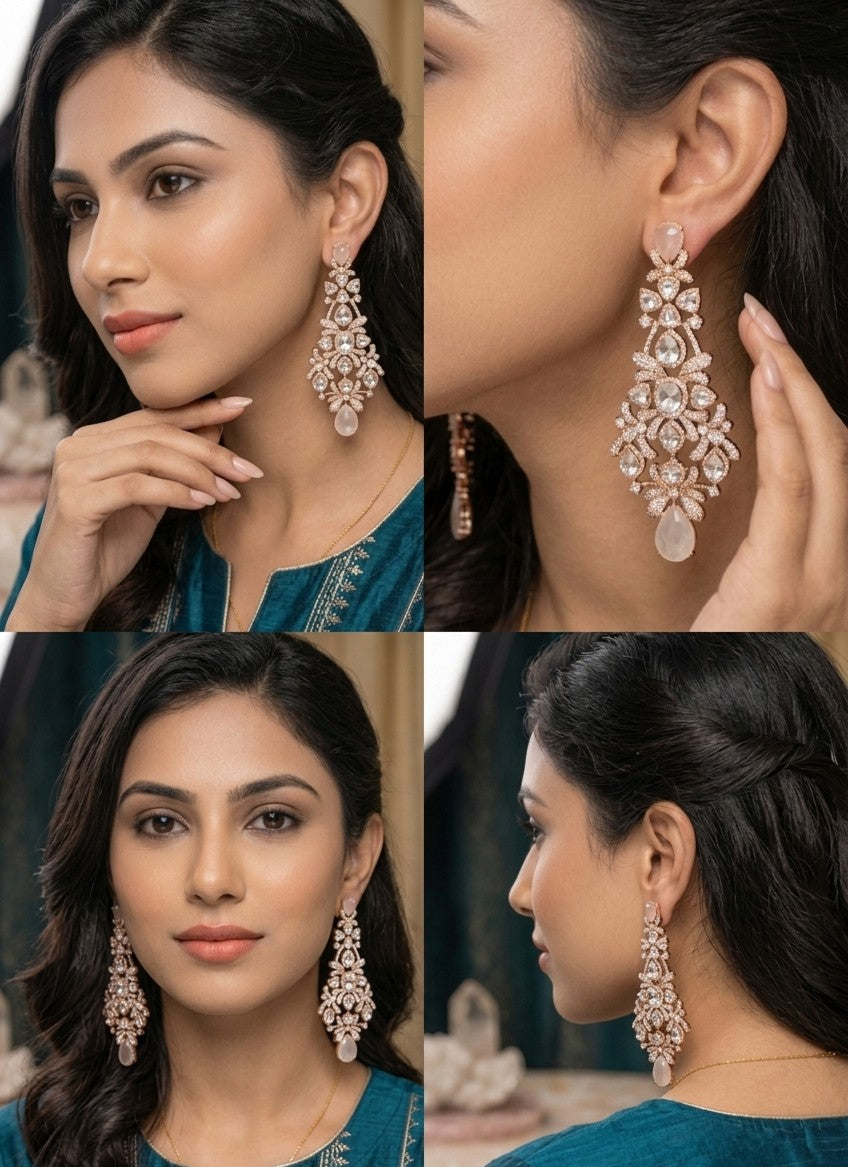 Adorned Allure: Exquisite Rose Gold & Kundan Chandelier Earrings