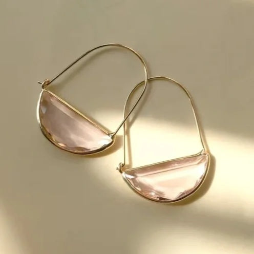 Modern Geometric Half Moon Pink Stone Hoop Earrings