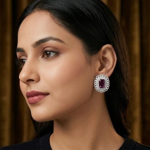 Royal Amethyst-Tone Radiant Halo Stud Earrings