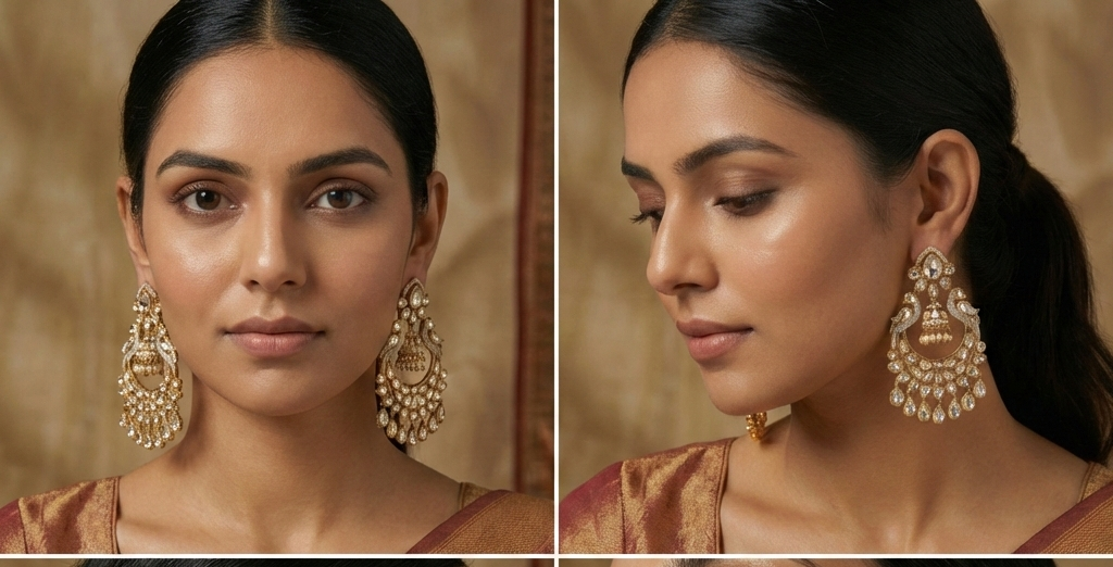 Jalparee Gold-Toned Kundan & Pearl Statement Chandbali Earrings with Central Jhumka