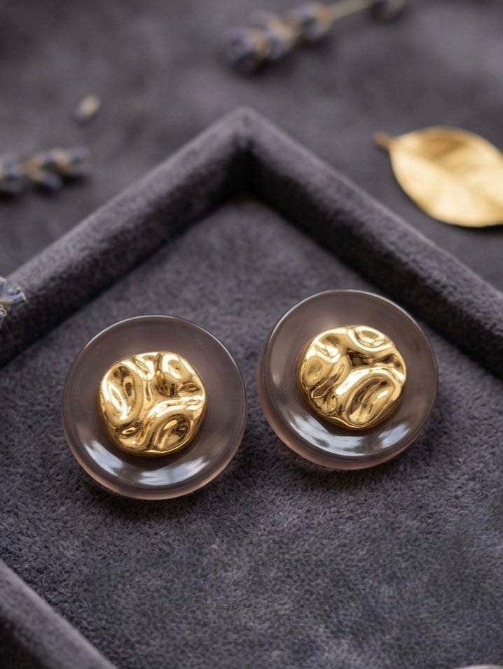 Jalparee Aura Hammered Gold and Smoky Resin Round Stud Earrings