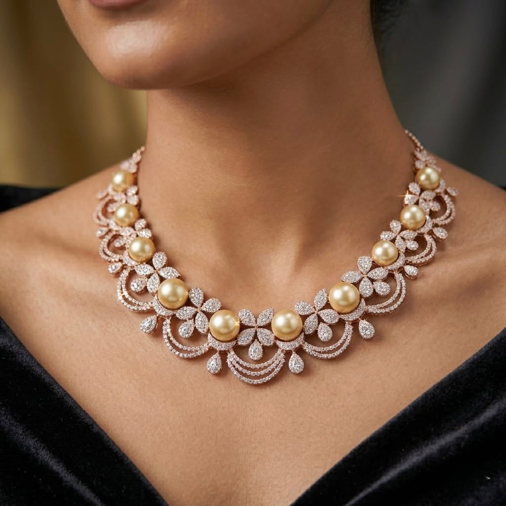 Jalparee Radiant Rose Gold Floral Pearl Necklace Set