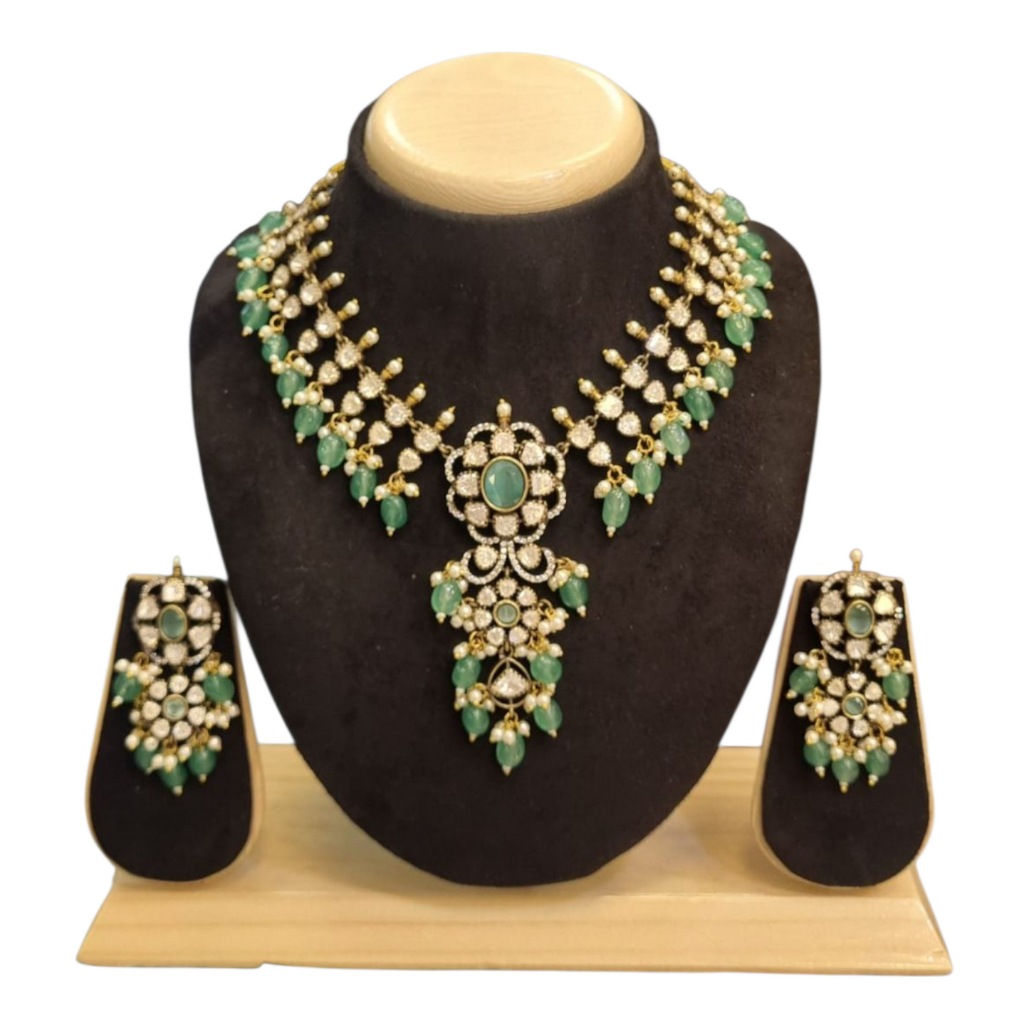 Traditional Moissanite Kundan & Emerald Beads Necklace Set