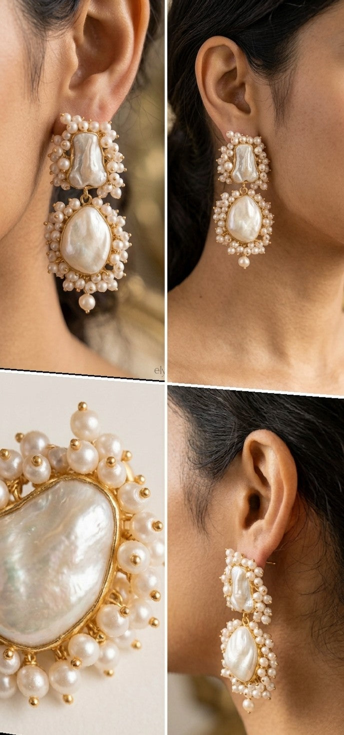 Jalparee Chandbali Double-Tier Pearl Hoop Earrings with Intricate Seed Pearl Clusters