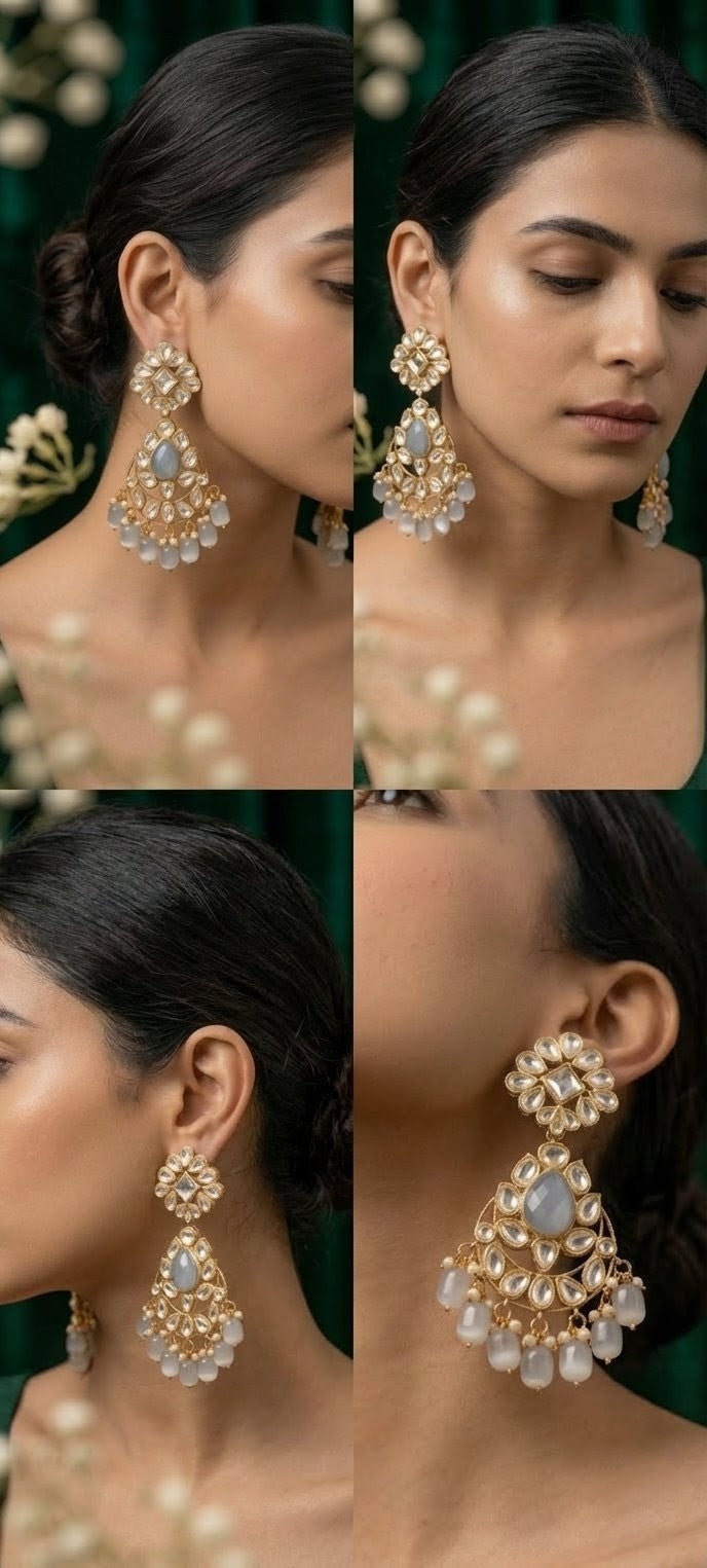 Jalparee Heritage Kundan & Milky Grey Cat's-Eye Agate Statement Drop Earrings